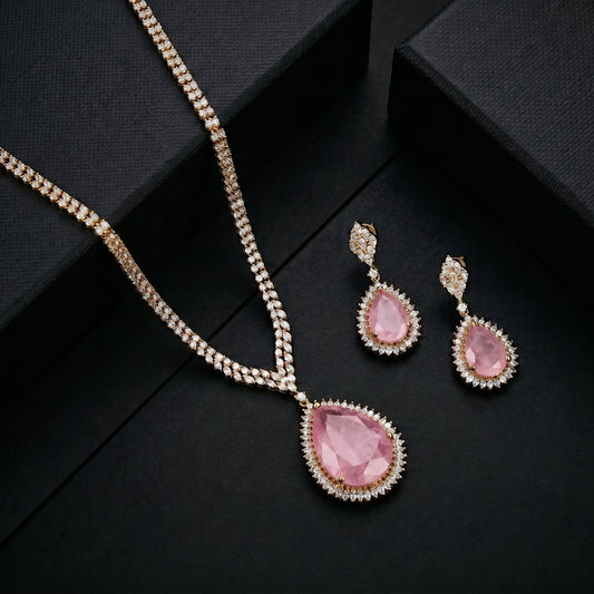 Morganite Pear Diamond Tennis Necklace Set