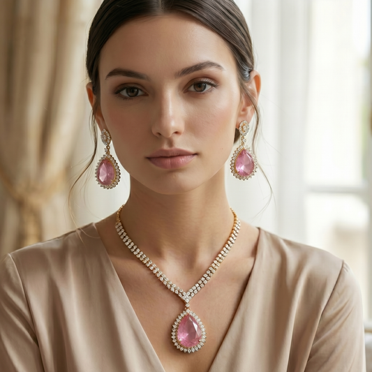 Morganite Pear Diamond Tennis Necklace Set