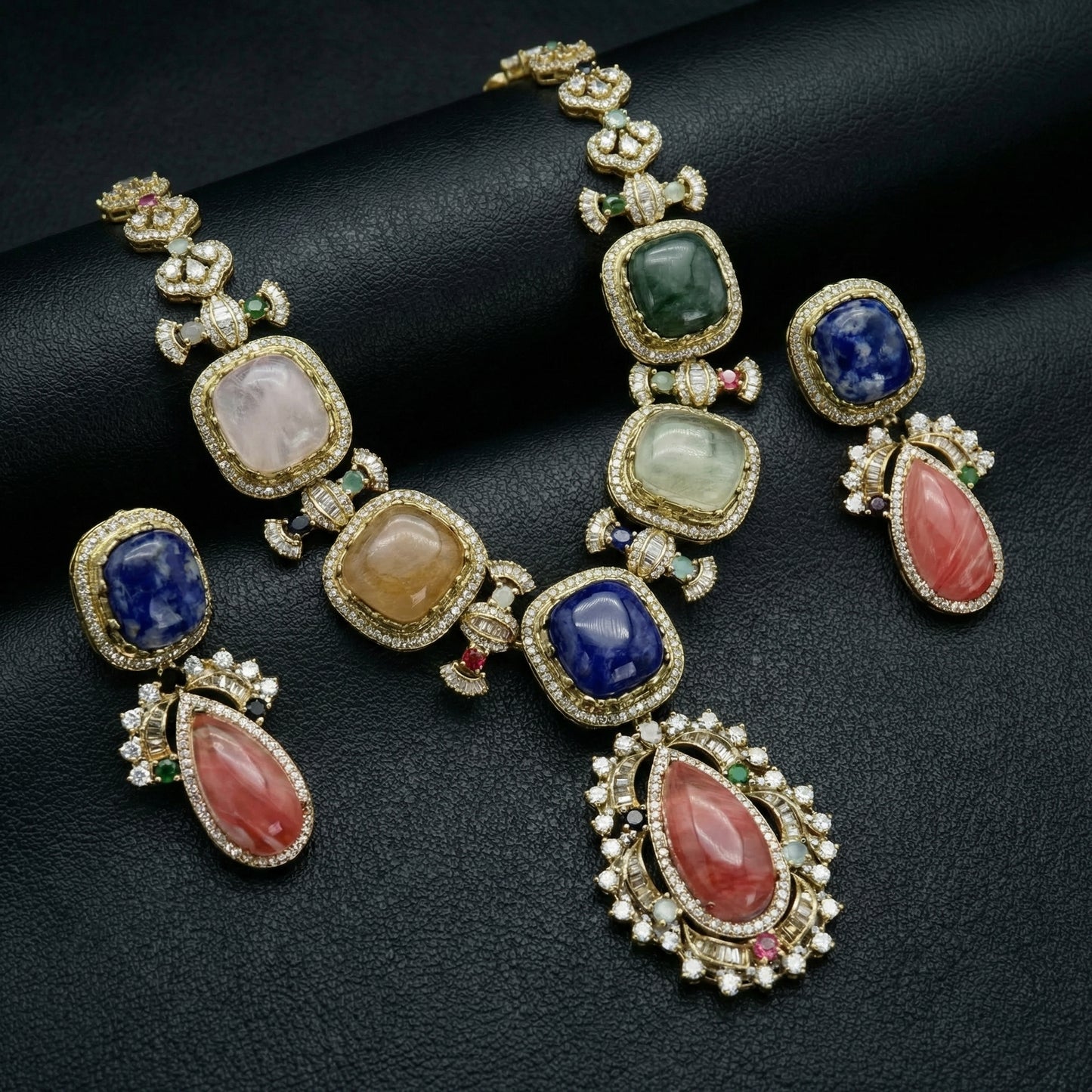Navaratna Multicolour Cabochon Diamond Gold Set