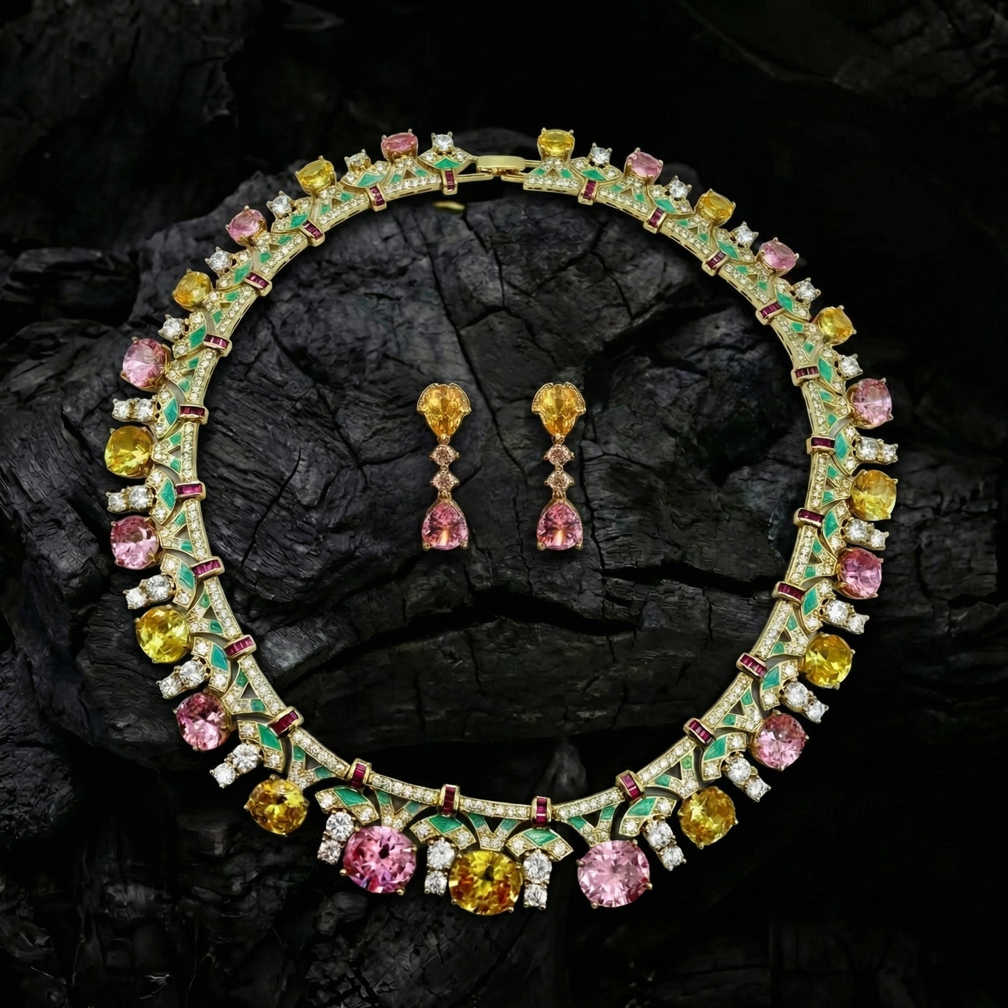 Pink Tourmaline Citrine Enamel Gold Necklace Set