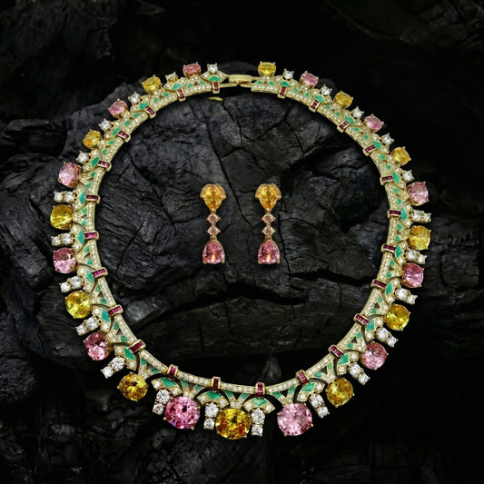 Pink Tourmaline Citrine Enamel Gold Necklace Set