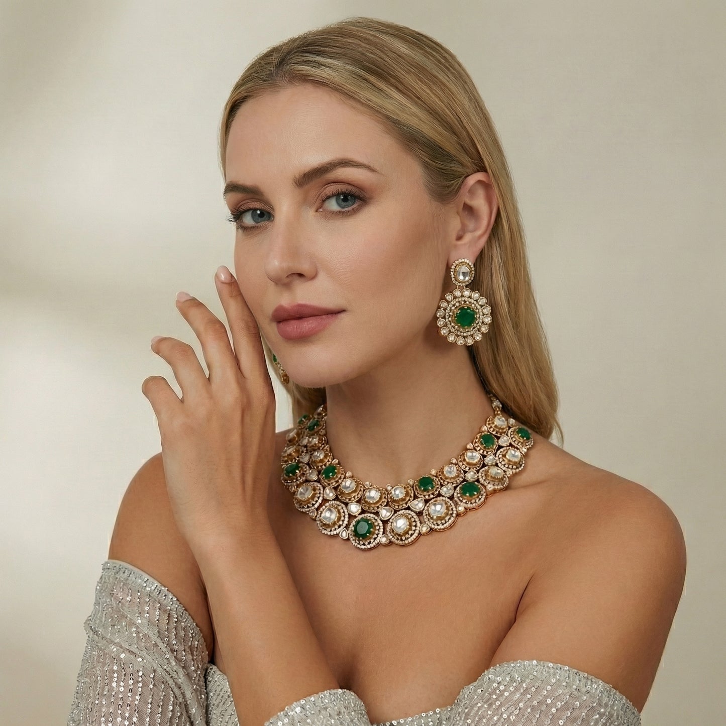 22 C GOLD PLATING Emerald Polki Circular Diamond Choker Set