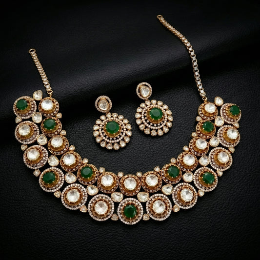 22 C GOLD PLATING Emerald Polki Circular Diamond Choker Set
