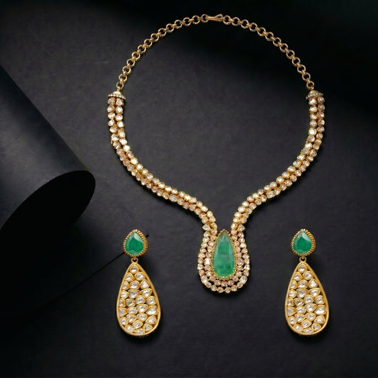 22 C GOLD PLATING Emerald Pear Polki Gold Necklace Set