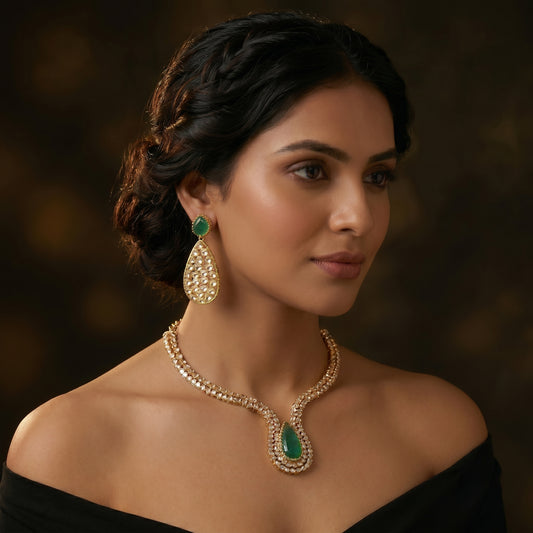22 C GOLD PLATING Emerald Pear Polki Gold Necklace Set