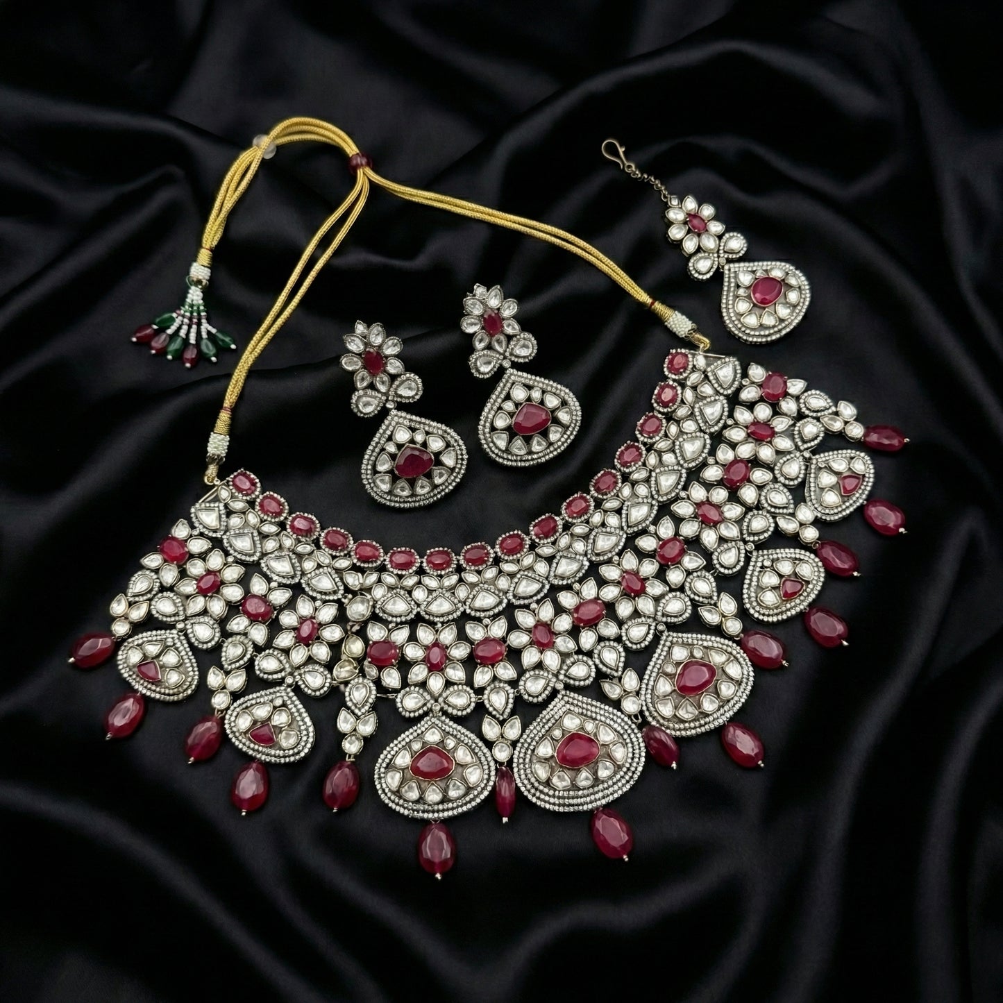 Ruby Polki Silver Bib Bridal Set