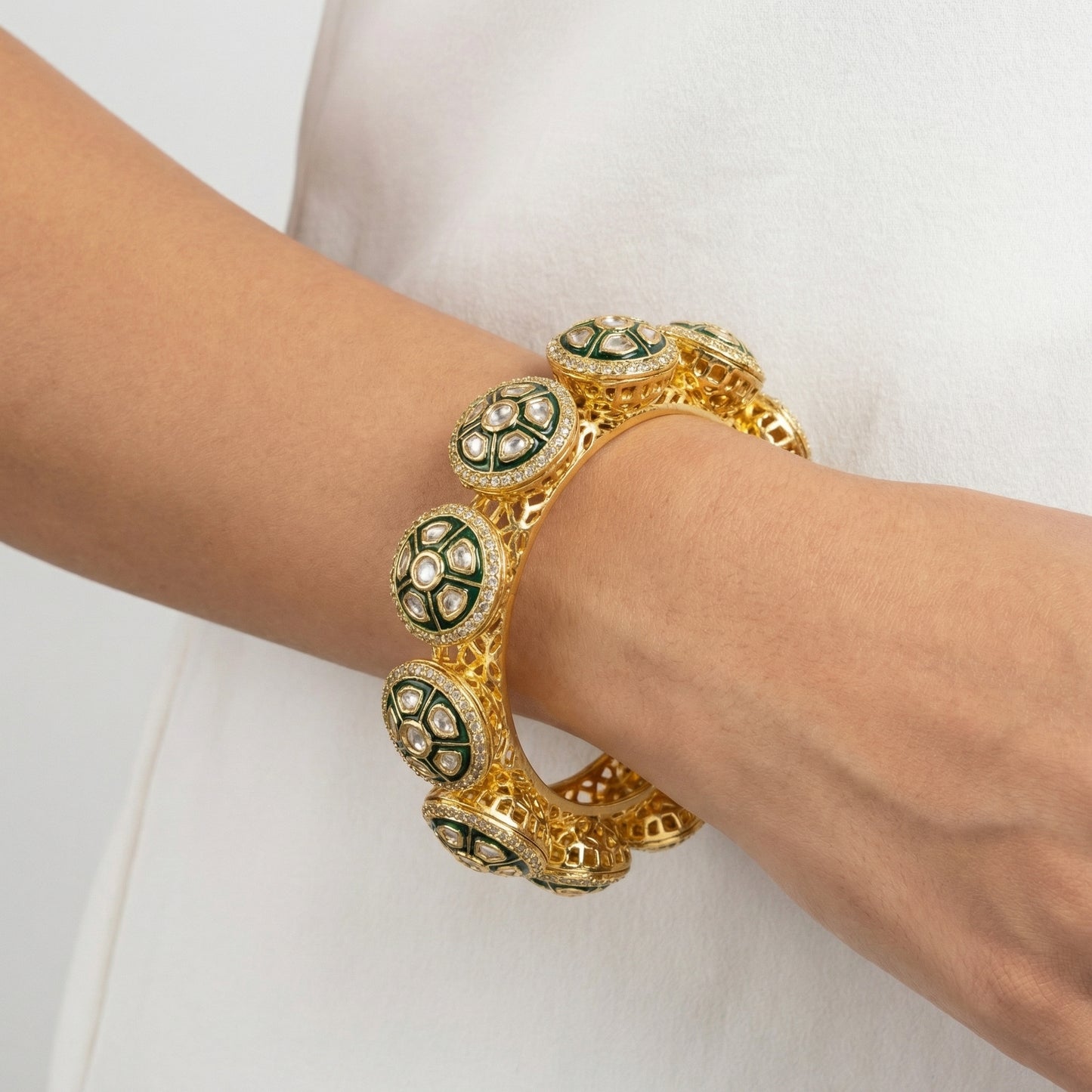 Green Meenakari Polki Diamond Gold Bangle