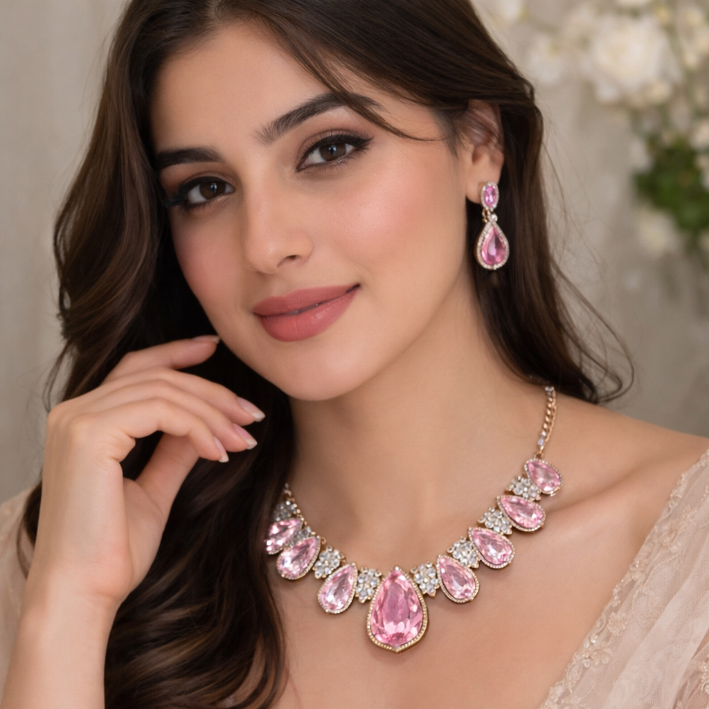 Blush Petal Crystal Teardrop Necklace & Earrings Set