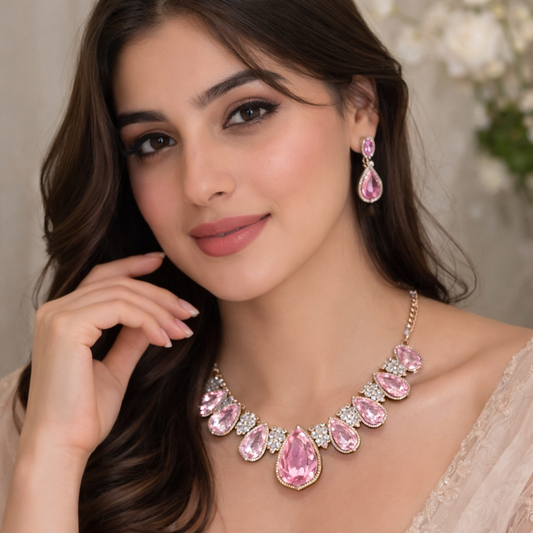 Blush Petal Crystal Teardrop Necklace & Earrings Set