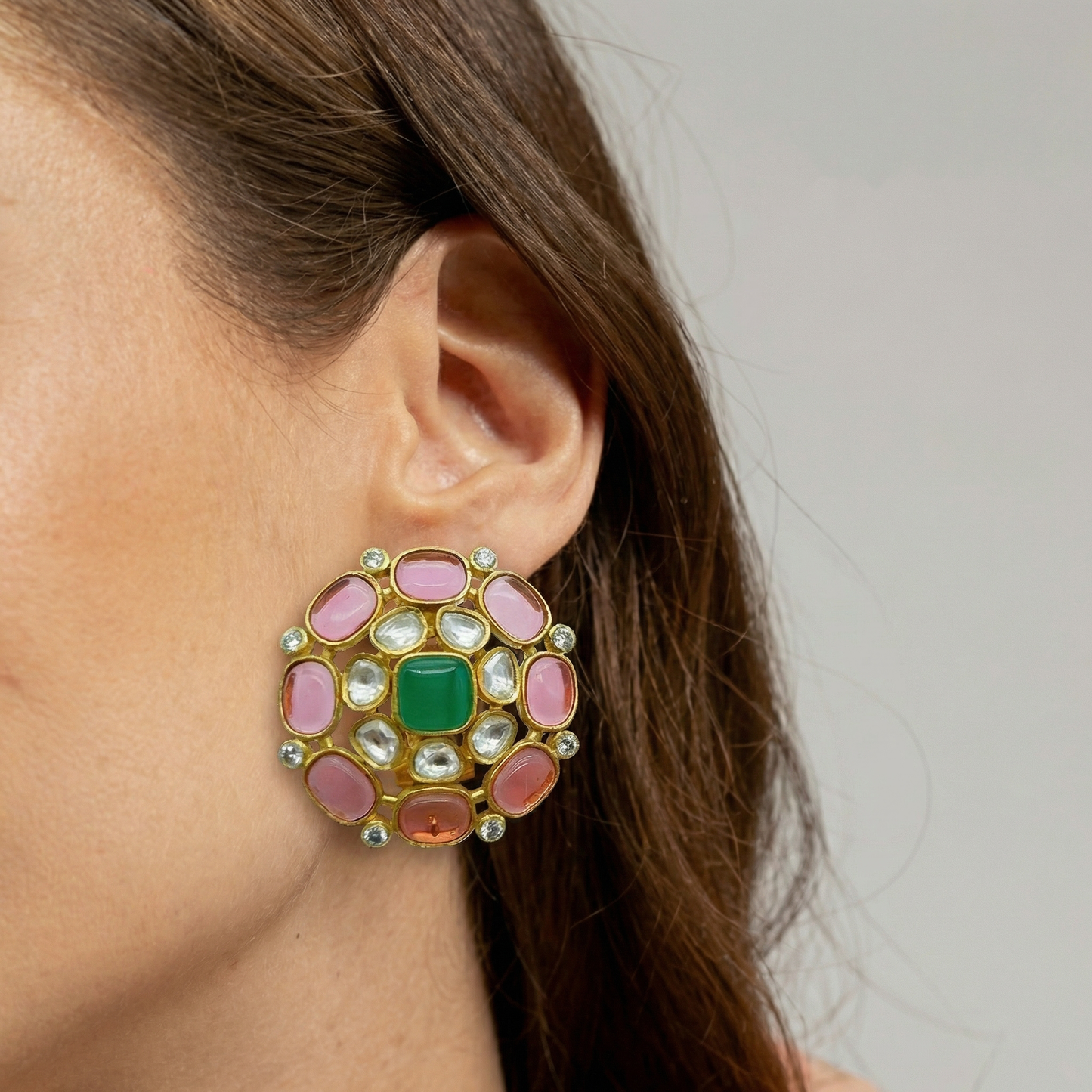 Pink Tourmaline Emerald Polki Gold Studs