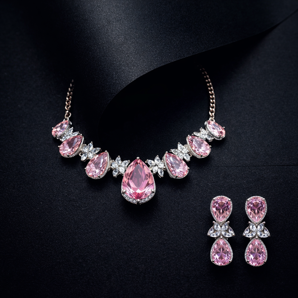 Blush Petal Crystal Teardrop Necklace & Earrings Set
