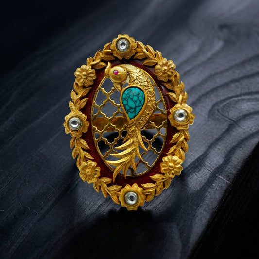 Parrot Turquoise Red Meenakari Gold Ring