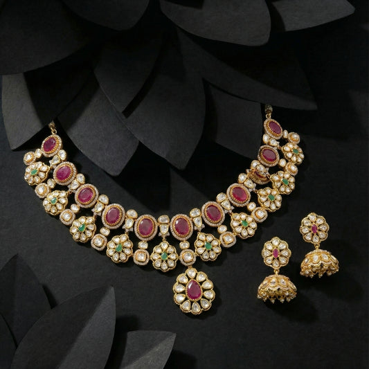 22 C GOLD PLATING Ruby Polki Floral Gold Necklace Set