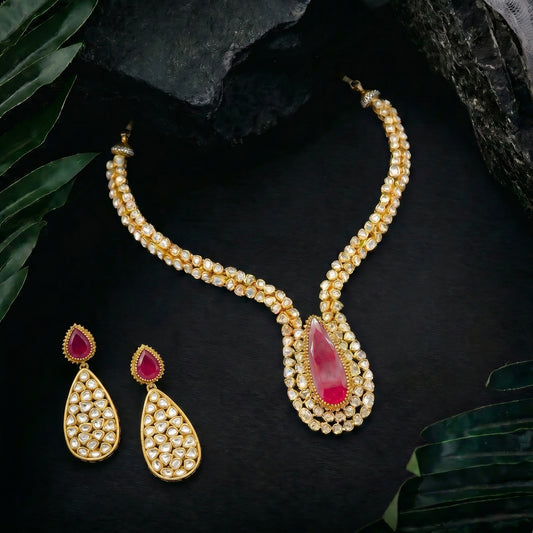 22 C GOLD PLATING Ruby Teardrop Polki Gold Necklace Set