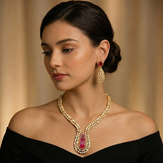 22 C GOLD PLATING Ruby Teardrop Polki Gold Necklace Set