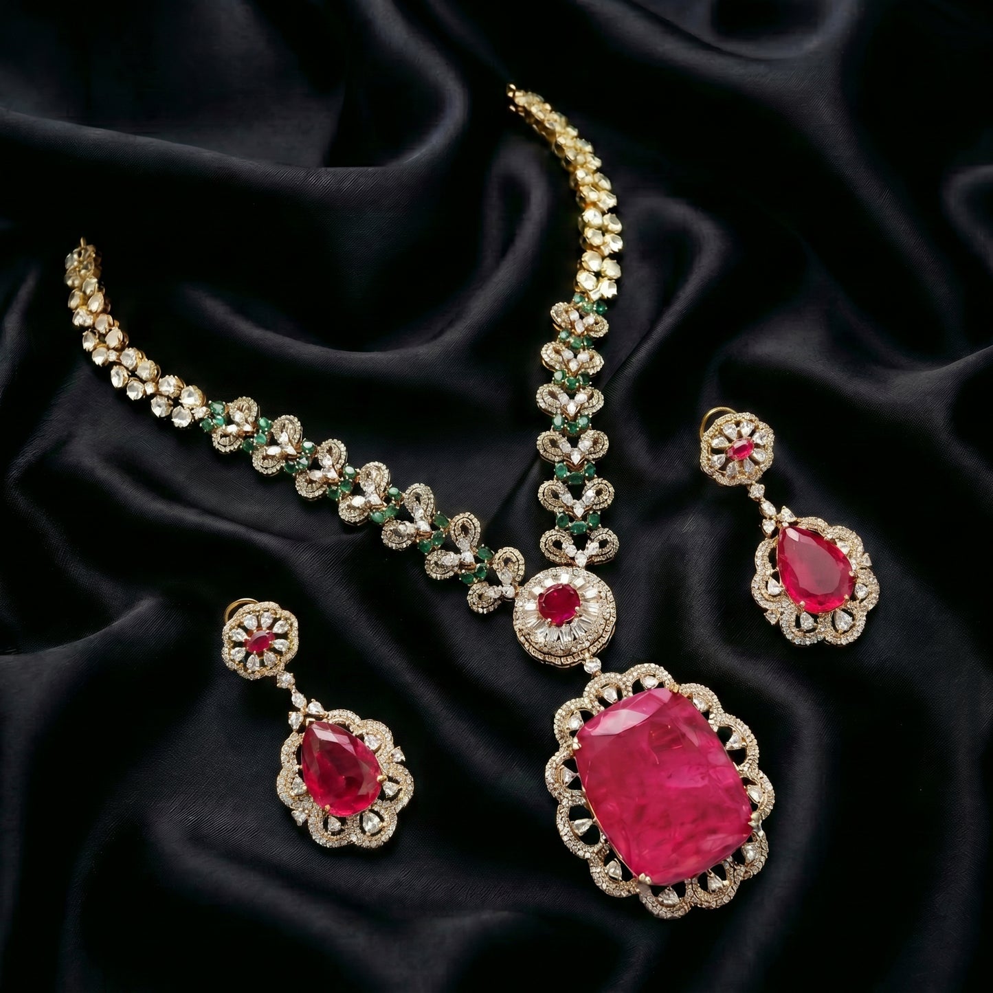 Ruby Emerald Diamond Scroll Solitaire Necklace Set