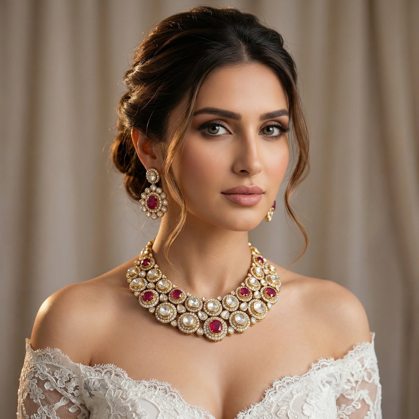 22 C GOLD PLATING Ruby Polki Diamond Medallion Bib Necklace Set