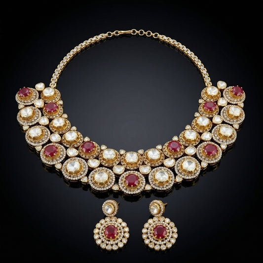 22 C GOLD PLATING Ruby Polki Diamond Medallion Bib Necklace Set