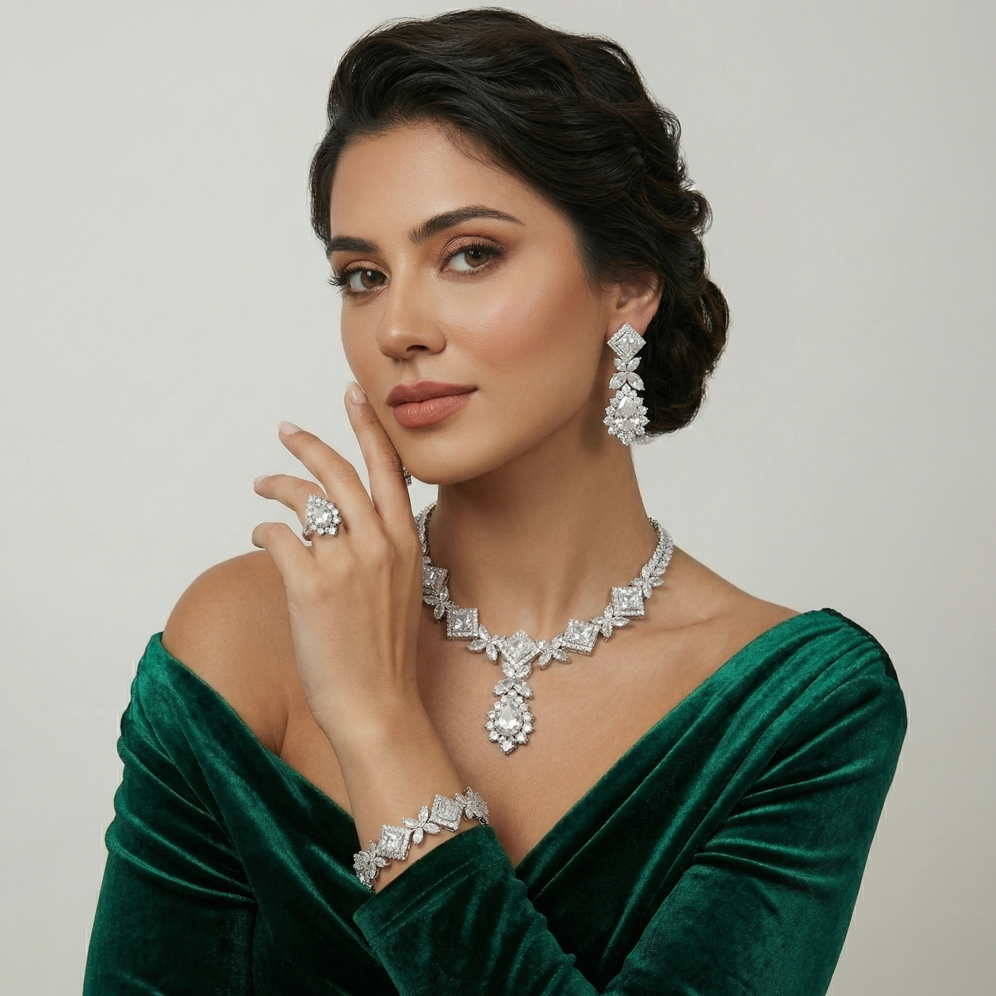 Diamond Crystal Princess Cut Four-Piece Jewellery Set