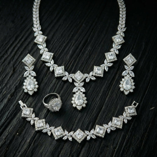 Diamond Crystal Princess Cut Four-Piece Jewellery Set