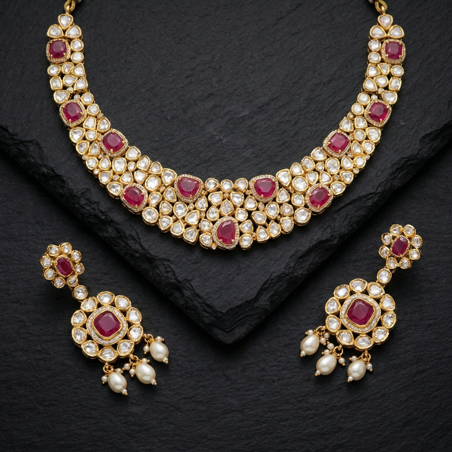 Ruby Polki Pearl Drop Bridal Necklace Set