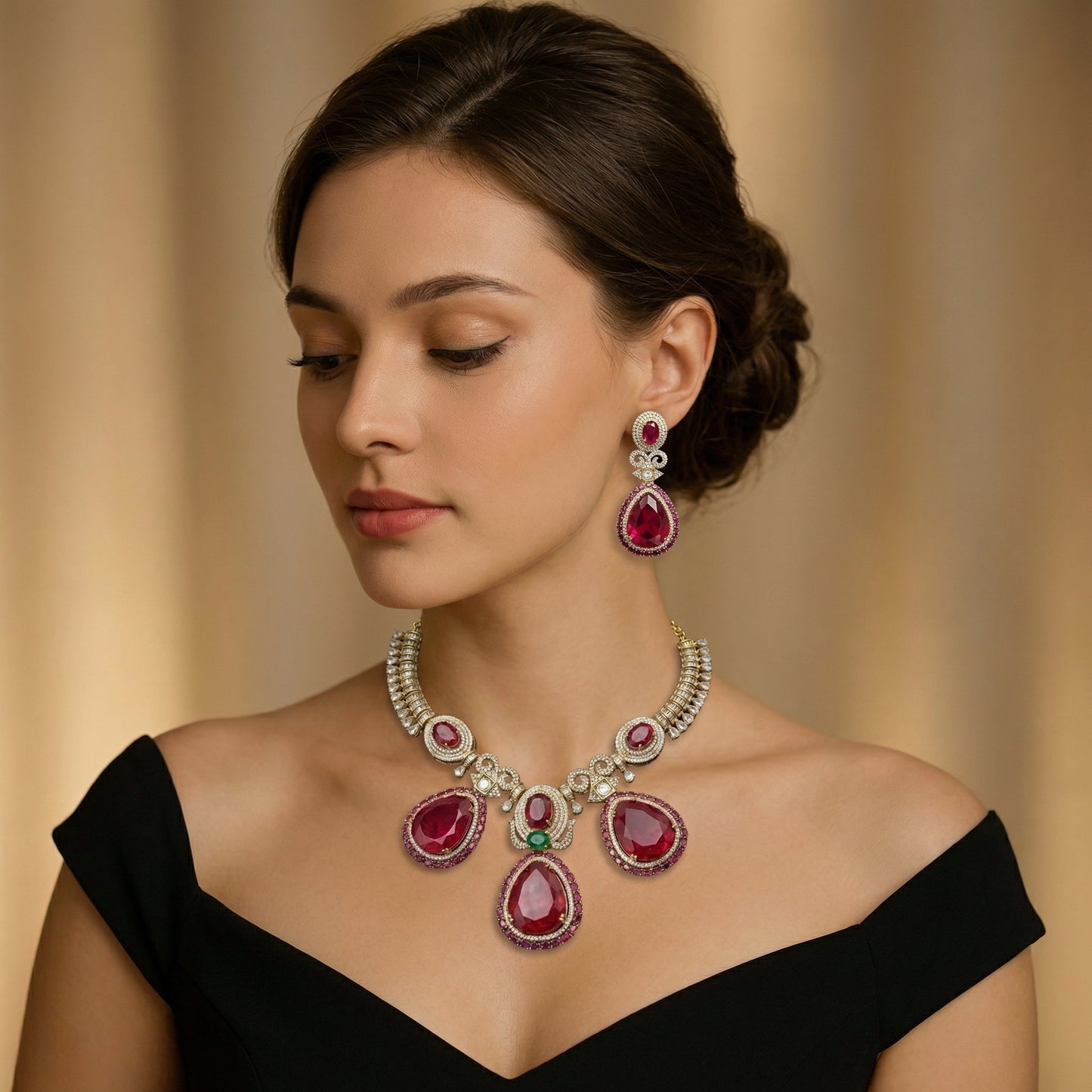 Ruby Teardrop Scroll Diamond Bib Necklace Set