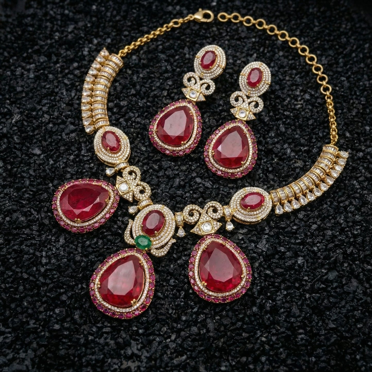 Ruby Teardrop Scroll Diamond Bib Necklace Set