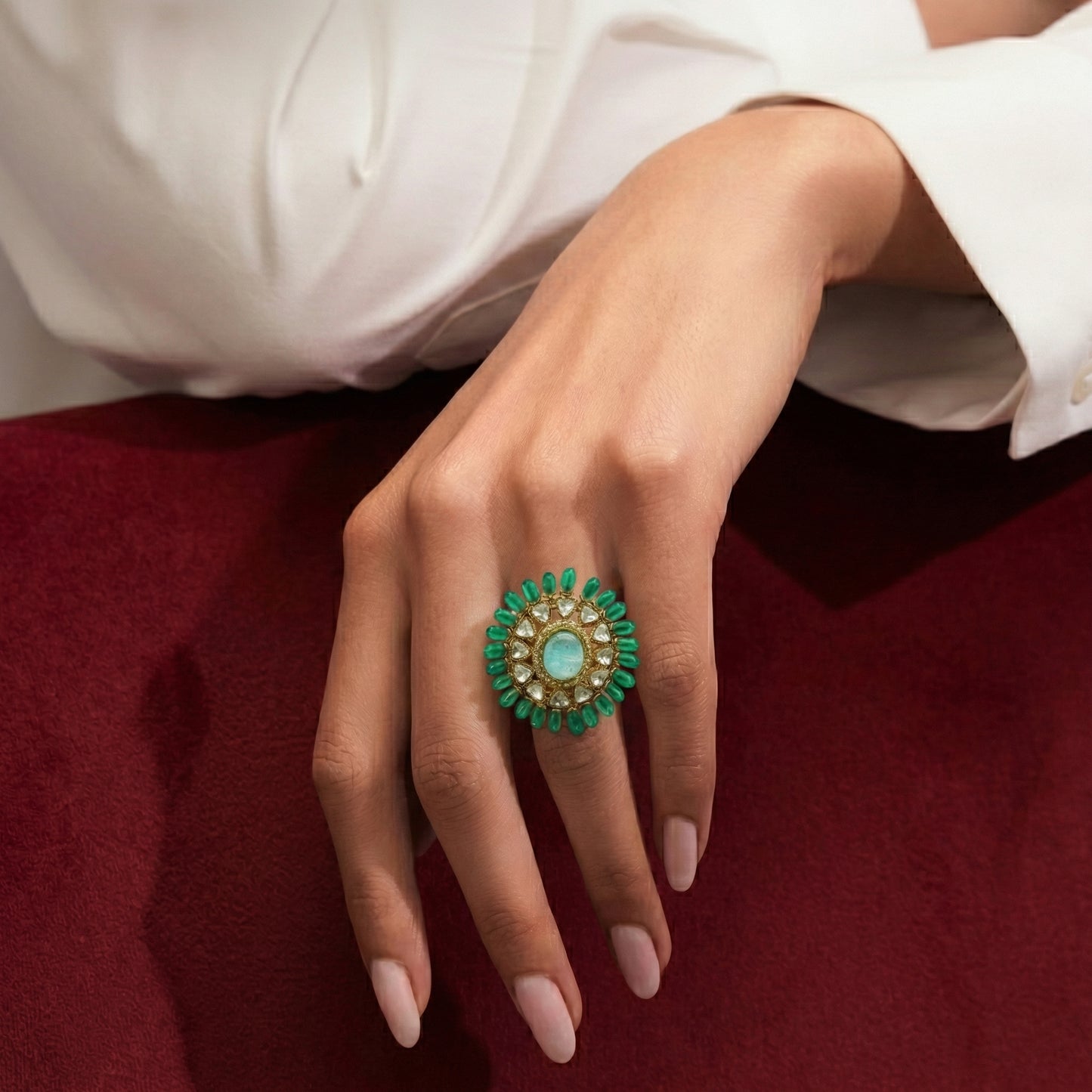 Emerald Bead Polki Sunburst Gold Ring