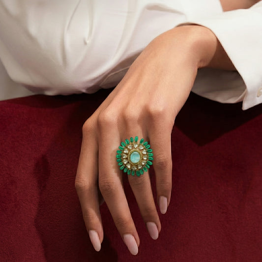Emerald Bead Polki Sunburst Gold Ring