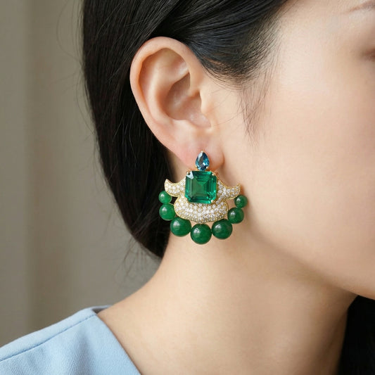Emerald Jade Bead Diamond Gold Earrings
