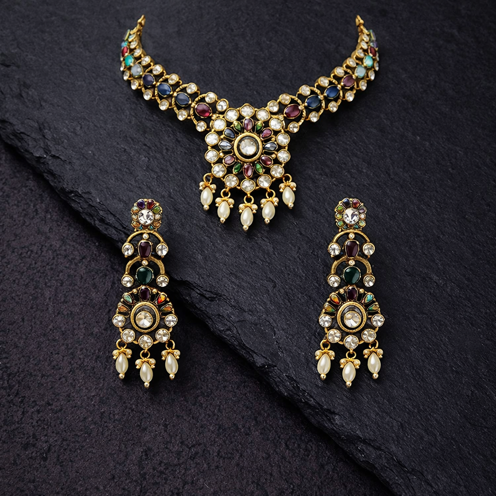 Mystic Bloom Antique Multi-Stone Choker & Earrings Set
