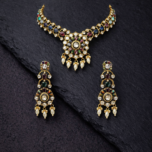 Mystic Bloom Antique Multi-Stone Choker & Earrings Set