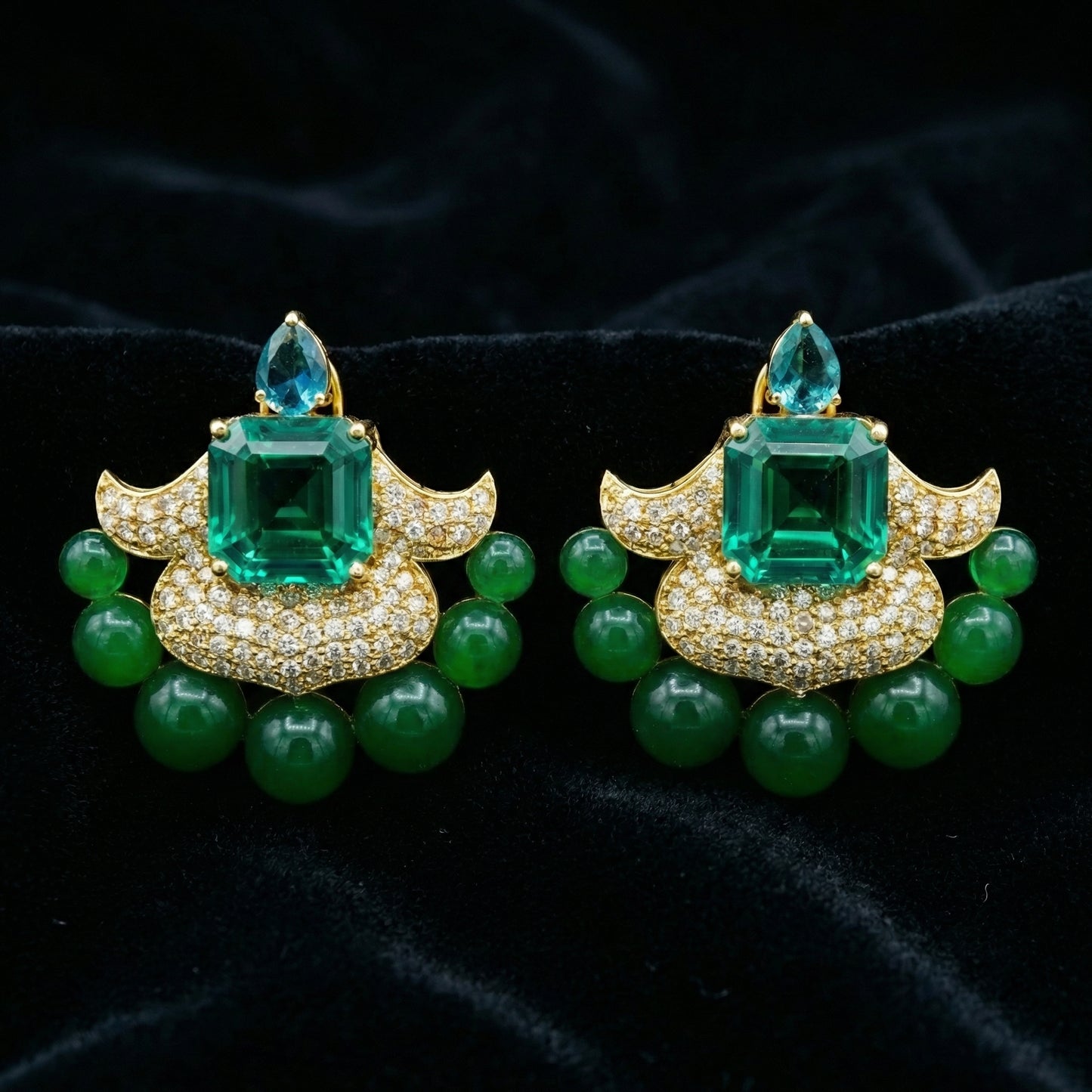 Emerald Jade Bead Diamond Gold Earrings