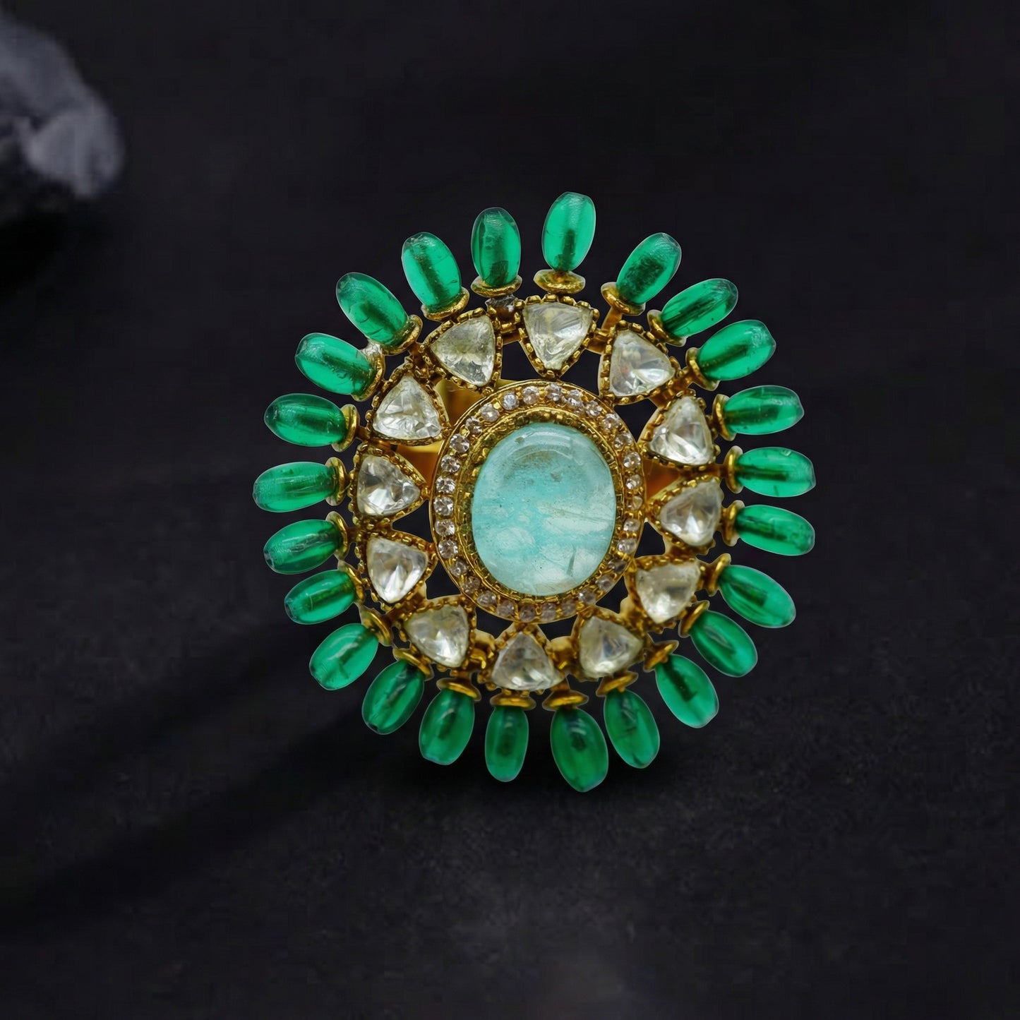 Emerald Bead Polki Sunburst Gold Ring