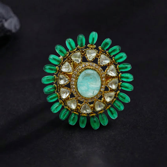 Emerald Bead Polki Sunburst Gold Ring