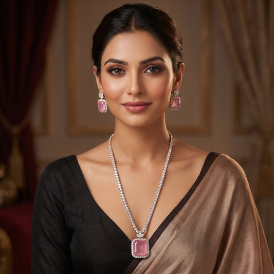 Rose Quartz Emerald-Cut Diamond Tennis Necklace Set