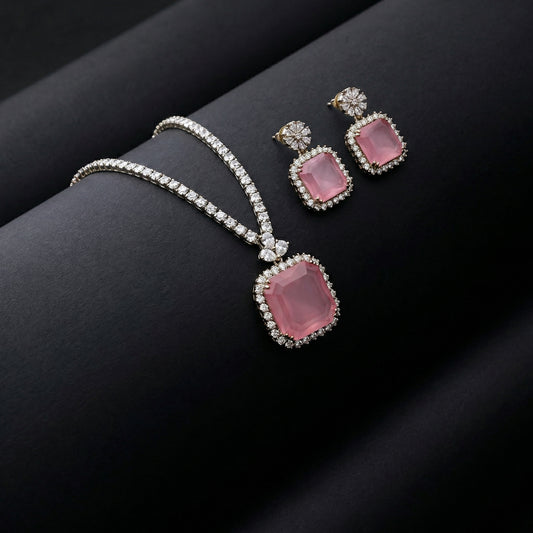 Rose Quartz Emerald-Cut Diamond Tennis Necklace Set