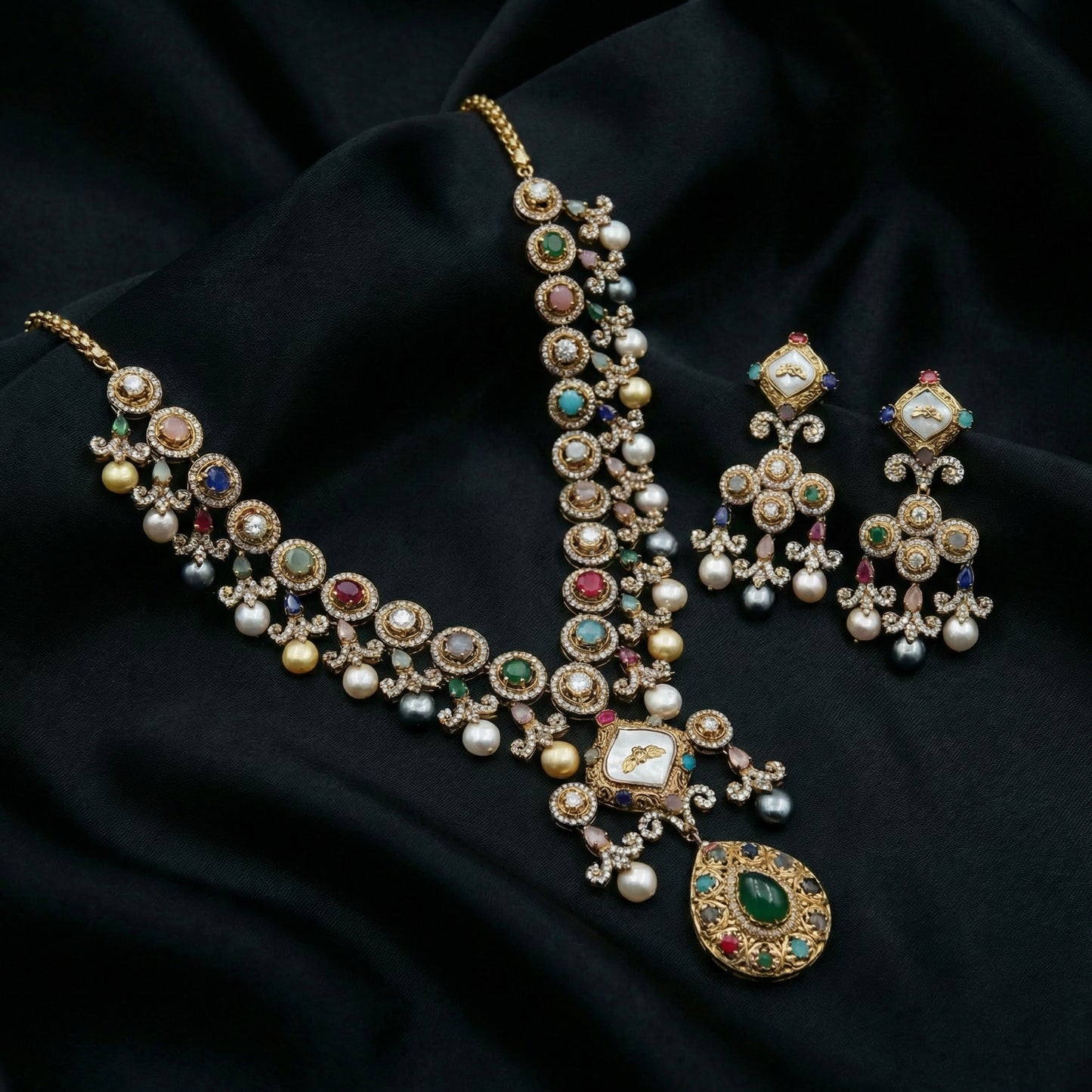 Navratan Pearl Diamond Scroll Necklace Set