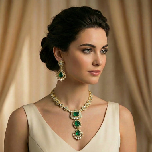 Emerald Polki Diamond Pearl Drop Necklace Set