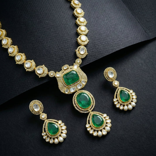 Emerald Polki Diamond Pearl Drop Necklace Set