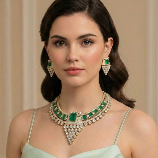 Emerald Diamond Cascade Chandelier Jewellery Set