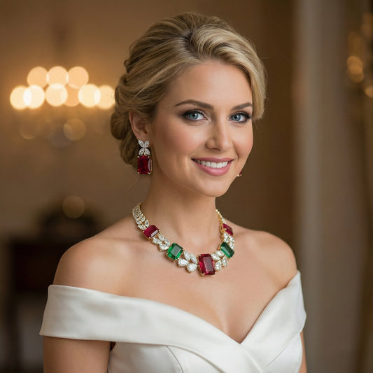 Ruby Emerald Diamond Leaf Choker Necklace Set