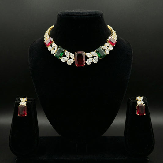 Ruby Emerald Diamond Leaf Choker Necklace Set