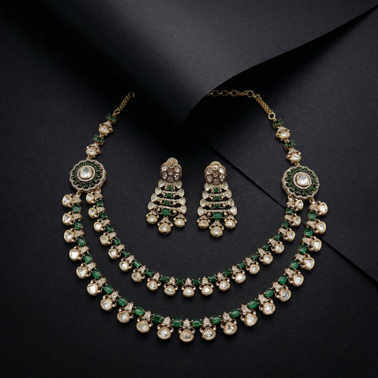 Emerald Polki Diamond Fringe Necklace Set
