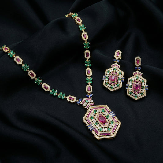 Royal Hex Art Deco Multi-Stone Necklace & Earrings Set