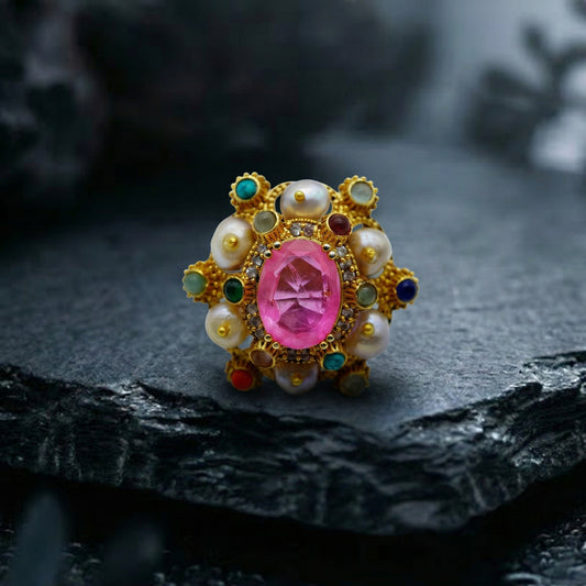 Pink Tourmaline Navaratna Pearl Gold Ring