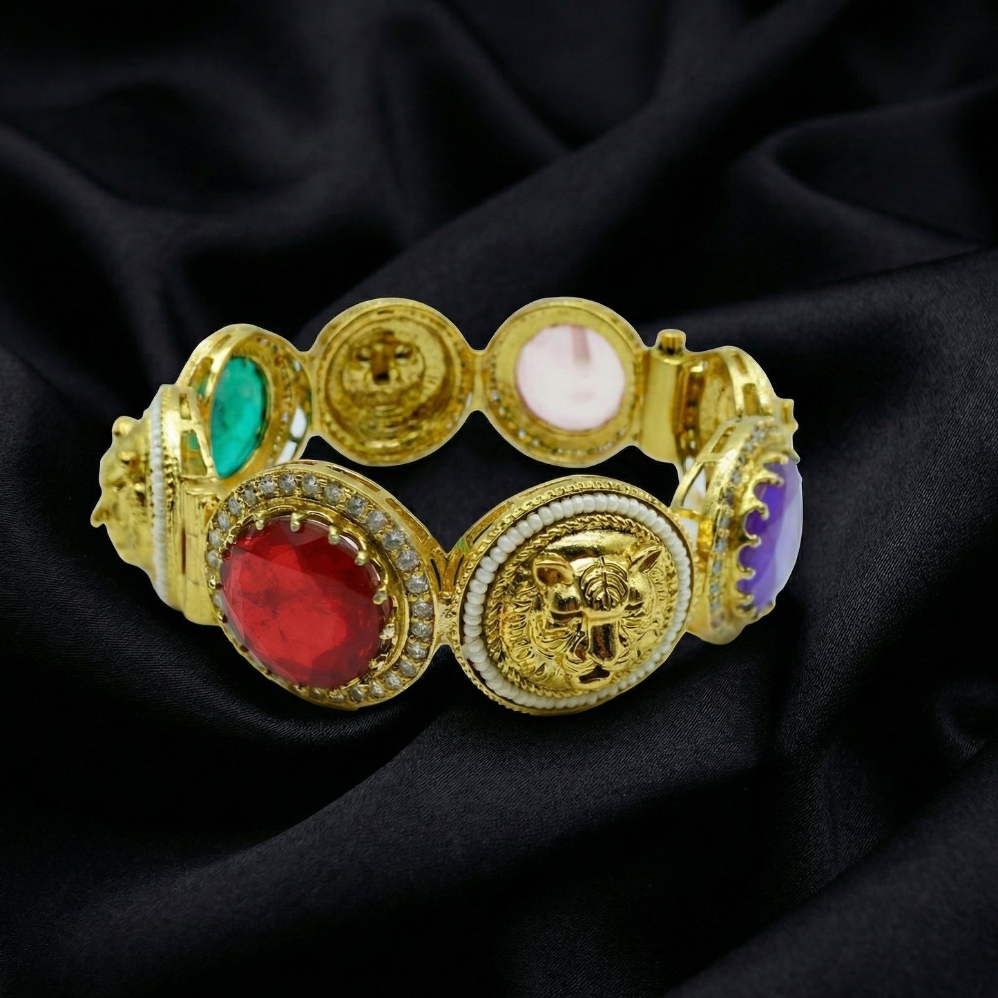 Multicolour Lion Medallion Gold Bangle