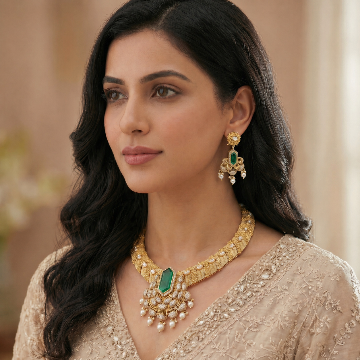 Emerald Hexagon Diamond Pearl Choker Set