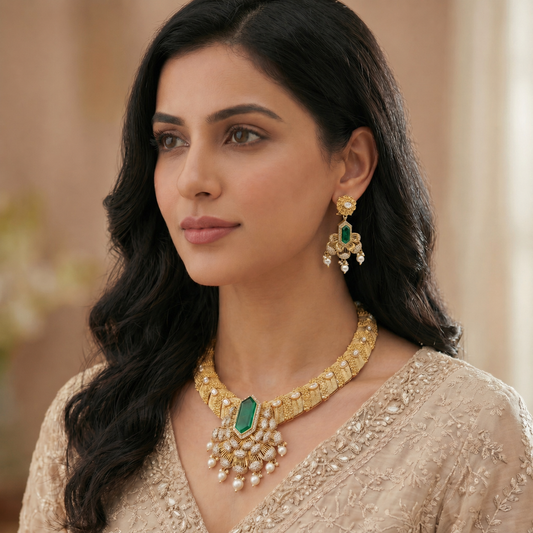 Emerald Hexagon Diamond Pearl Choker Set