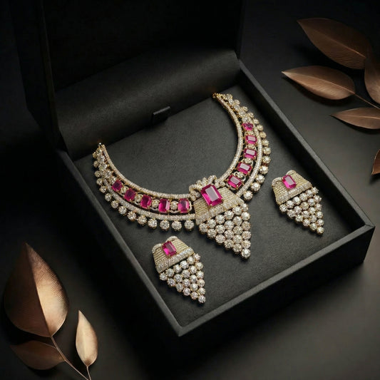 Ruby Emerald-Cut Diamond Cluster Bib Necklace Set